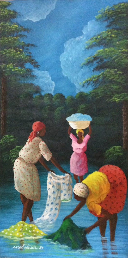 Enel Desir 24"x12" Women Washing Clothes by the River 1989 Oil on Canvas Painting #7-3-96MFN