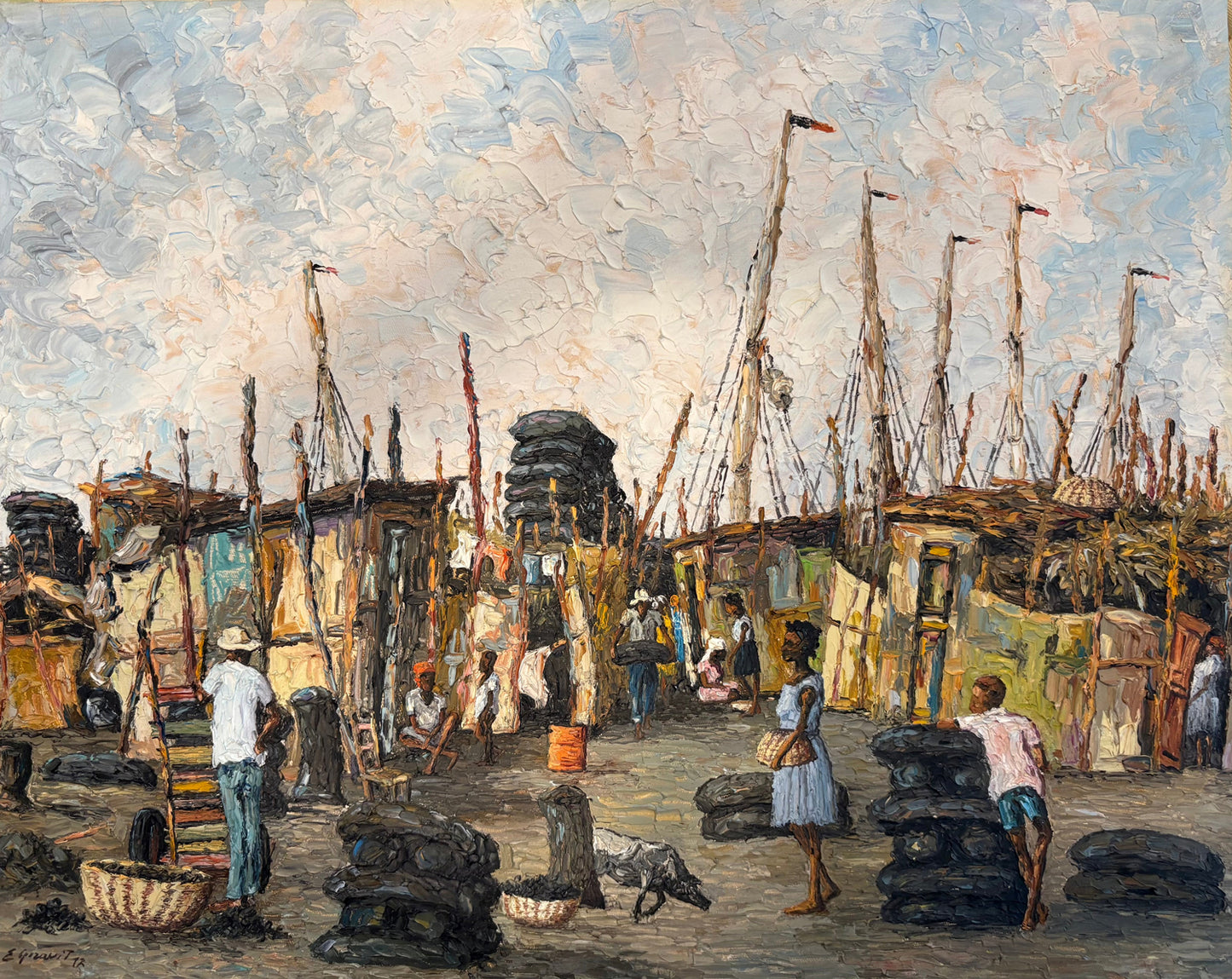 Eric Girault Marché de Charbon à La Saline oil on canvas depicting vendors and charcoal merchants in the historic La Saline market of Port-au-Prince Haiti.