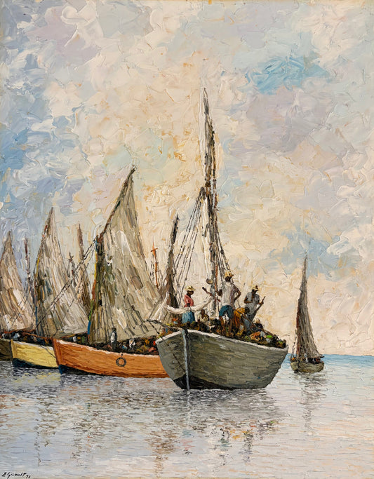 Eric Girault 20"x 16” Harbor Scene 1972 Oil on Canvas Unframed Painting #1MF