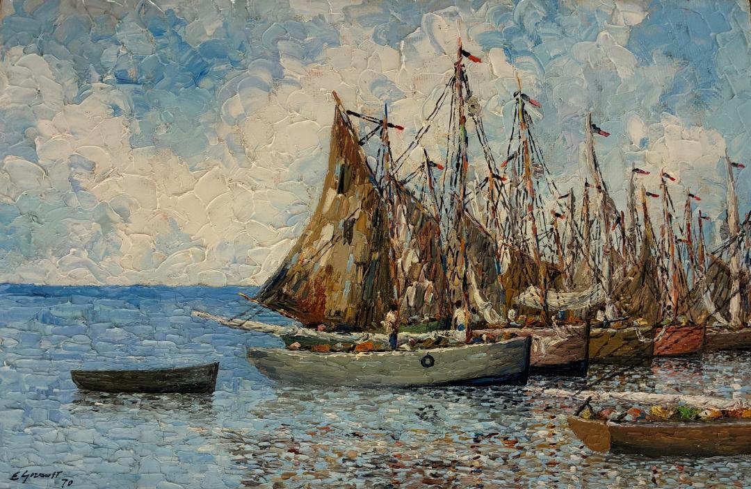 Eric Girault Cabotage 1970 Haitian oil painting of coastal fishing boats and sailboats in harbor, palette knife technique