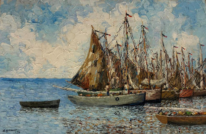 Eric Girault Cabotage 1970 Haitian oil painting of coastal fishing boats and sailboats in harbor, palette knife technique