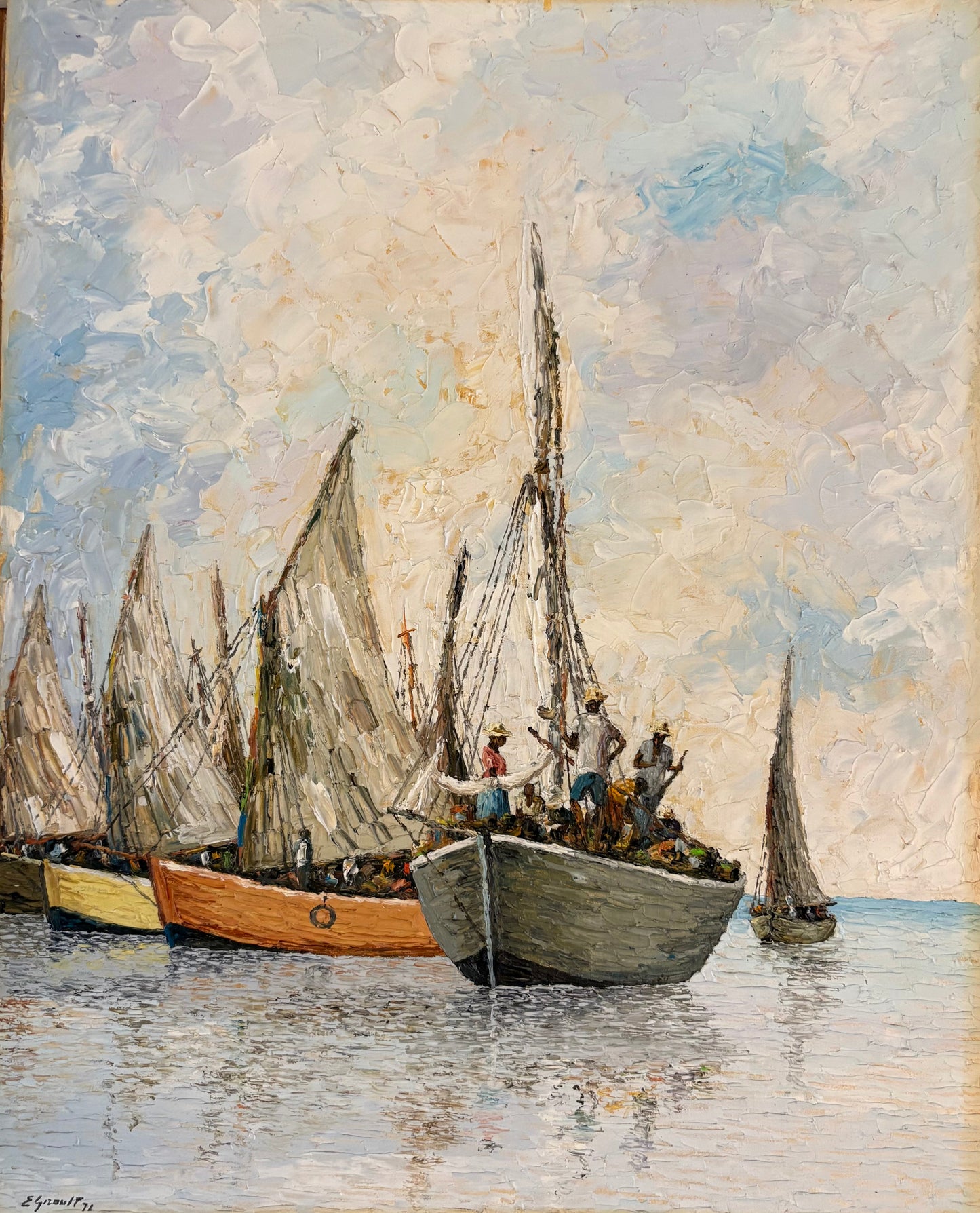 Eric Girault 16"x20" Harbor Scene 1972 Oil on Canvas Unframed Painting #1MF