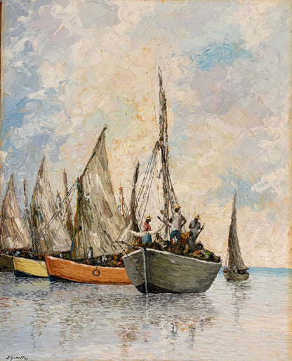 Eric Girault 16"x20" Harbor Scene 1972 Oil on Canvas Unframed Painting #1MF