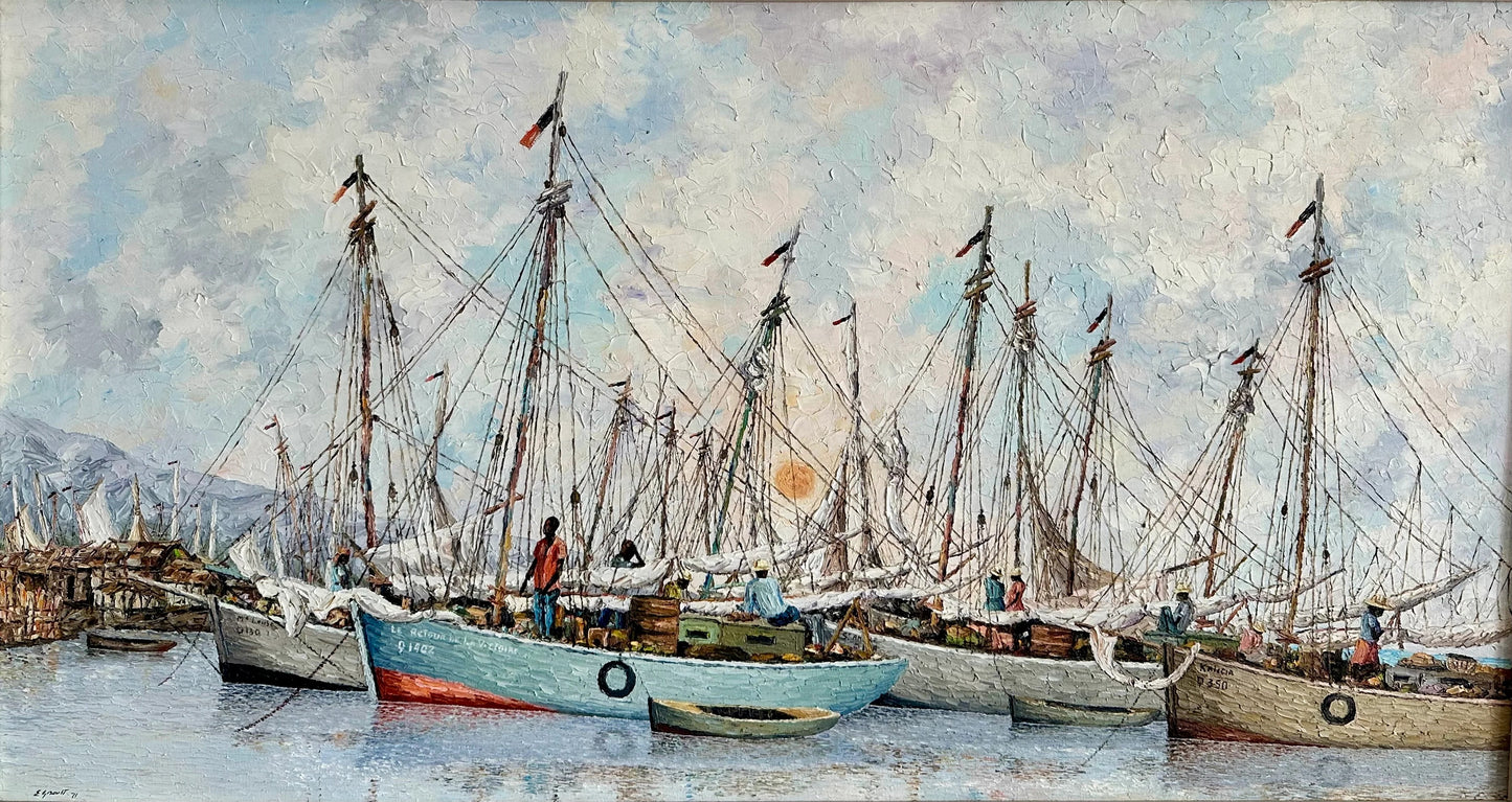 Eric Girault La Saline au Couchant 1971 oil on canvas Haitian harbor sunset painting