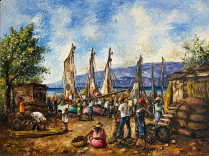 Ernst Louizor oil painting, Harbor Market Scene with sailboats and figures