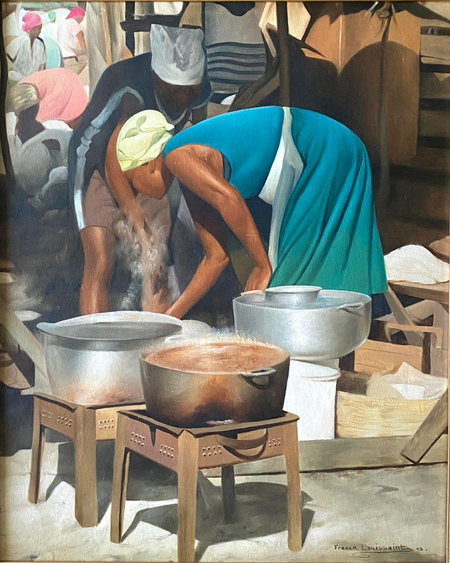 Franck Louissaint 2003 oil painting showing Haitian market cooking scene with figures preparing food over steaming pots on charcoal stoves.