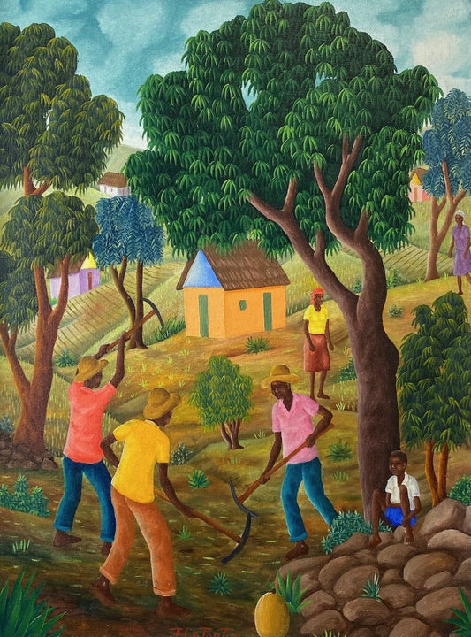 Franklin Latortue 1977 oil on canvas depicting Haitian farmers cultivating land under large trees with village houses, 24 x 18 inches, signed, unframed.