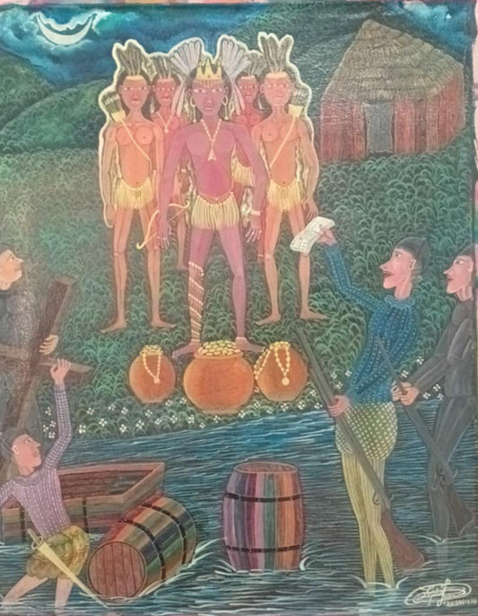 Frantz Zephirin painting of Taíno chief Guacanagaric with warriors and pots of gold welcoming Spanish sailors from the wrecked Santa Maria