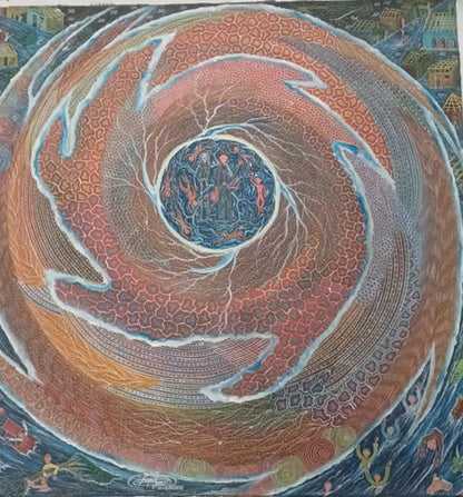 Frantz Zephirin painting Le Passage de l’Ouragan Matthew, a spiral hurricane with flooded Haitian houses and a central eye