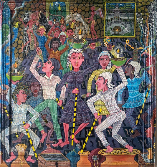 Frantz Zéphirin Haitian Vodou painting of Gédé Nibo ceremony with figures, candles and ritual scene, oil on canvas 2026