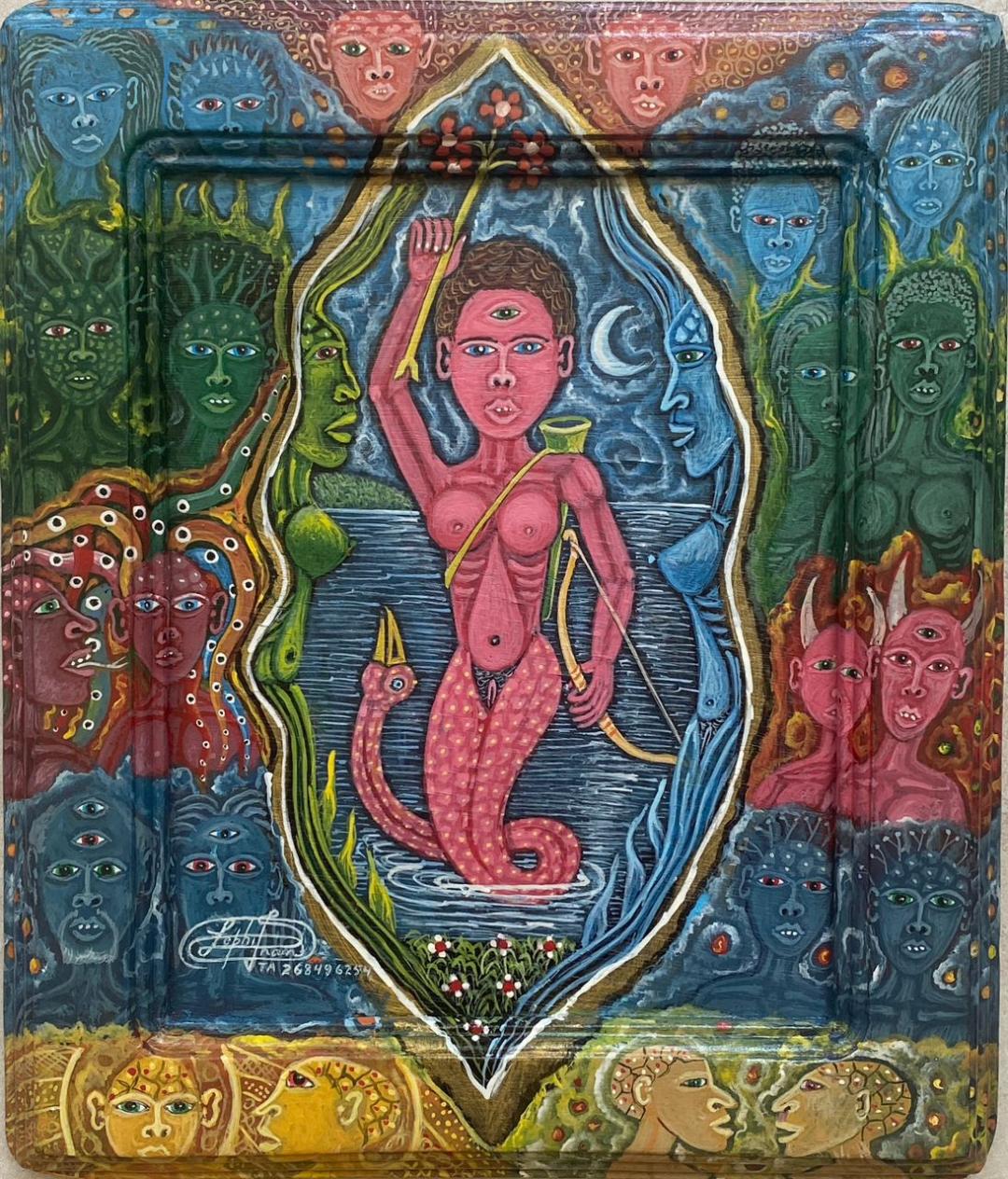 Frantz Zéphirin Vodou mermaid spirit painting with serpent body and surrounding faces, Haitian oil on board 13 × 11 inches.