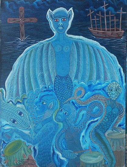 Frantz Zéphirin Haitian Vodou spirit painting with blue figure, animals, and crosses, acrylic on canvas 16 × 12 inches, 2001.