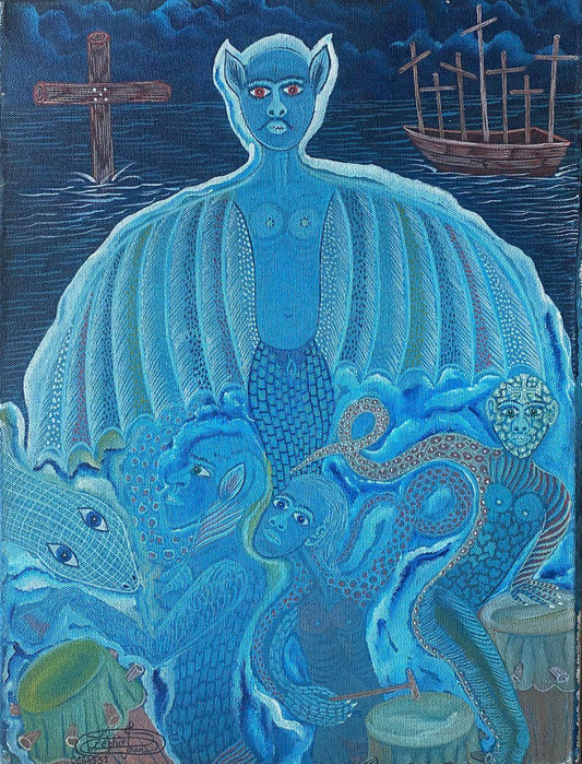 Frantz Zéphirin Haitian Vodou spirit painting with blue figure, animals, and crosses, acrylic on canvas 16 × 12 inches, 2001.