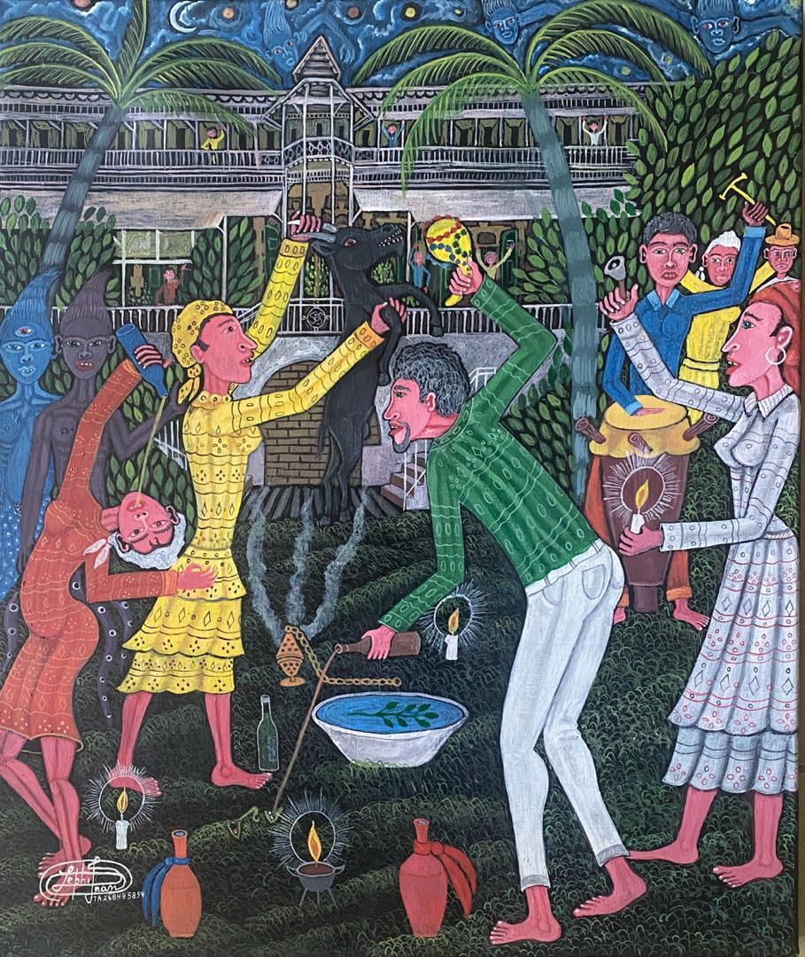 Frantz Zéphirin Haitian Vodou ceremony painting at Oloffson Hotel with musicians, ritual objects, and symbolic figures, oil on canvas 24 x 20 inches, 2025