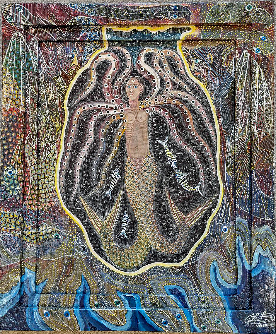 Frantz Zéphirin painting of Lasirèn the Haitian mermaid spirit with tentacle wings covered in eye motifs and fish, oil on canvas