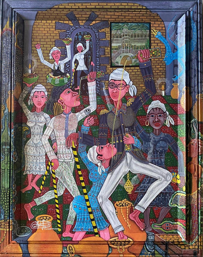 Frantz Zéphirin Ceremony of Abundance oil on canvas Haitian Vodou painting with hand-painted frame, ritual figures, signed and inscribed TA268496454
