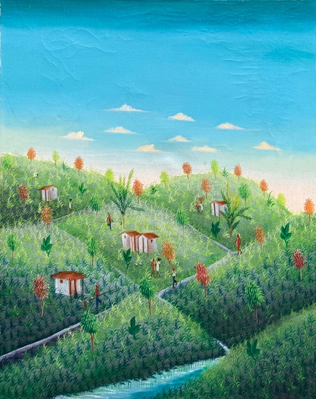 Emile Fritz Haitian rural village landscape painting, 20 x 16 oil on canvas, c.1980, winding paths and homes, minor wear, private collection of Myriam F. Nader. 