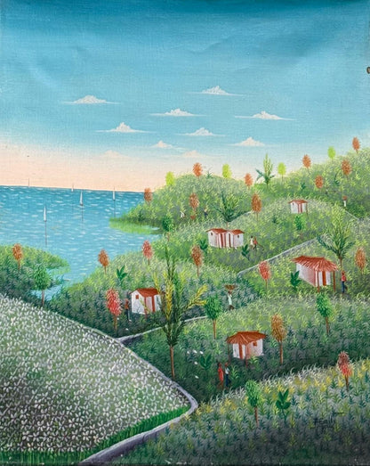 Fritz Émile Haitian coastal landscape oil painting, 24x20 inches, unframed canvas featuring sailboats, green hills, village huts, and flowering trees. 