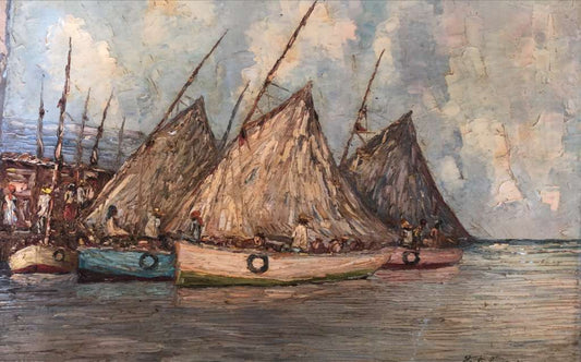 Fritz Louizor (1949-1984) 12"x16" Sailboats at Horbors c1970 Oil on Canvas Unframed Painting #4YN