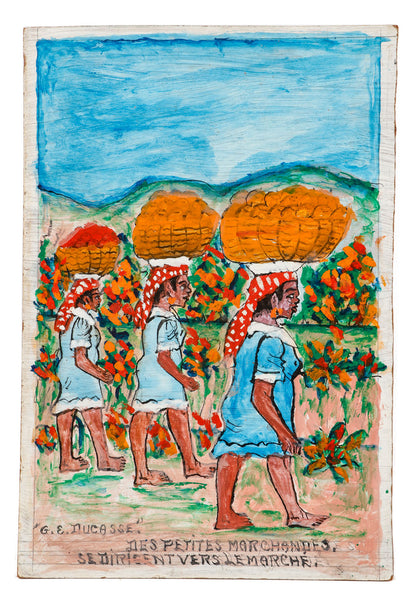 Gervais Emmanuel Ducasse (1903-1988) 24"x16" 1980 "Los pequeños comerciantes se dirigen hacia el mercado" Óleo a bordo #14MFN