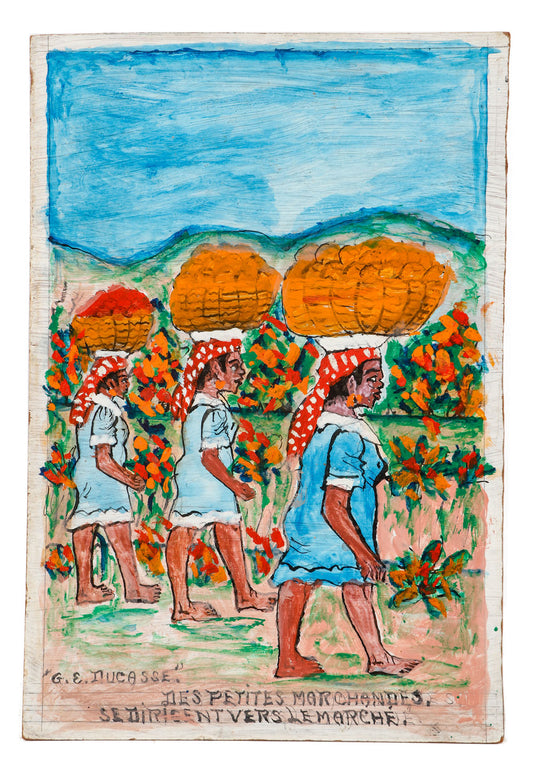 Gervais Emmanuel Ducasse (1903-1988) 24"x16" 1980 "Los pequeños comerciantes se dirigen hacia el mercado" Óleo a bordo #14MFN