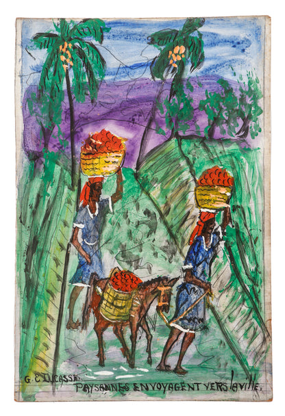 Gervais Emmanuel Ducasse (1903-1988) 24"x16" 1982 "Mujer campesina viajando hacia la ciudad" Óleo sobre tabla #22MFN