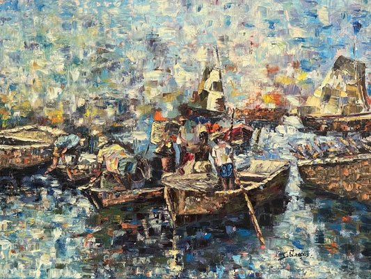 Jacquelin Garcon 24"x32" Barcos c1970 Óleo sobre lienzo #1-2-95MFN