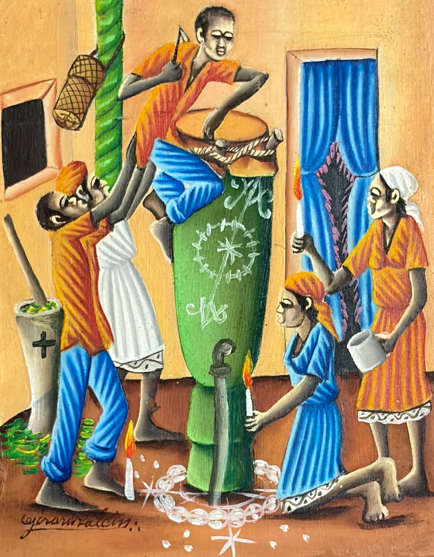 Gerard Valcin oil on board painting, Vodou ceremony scene with sacred drum