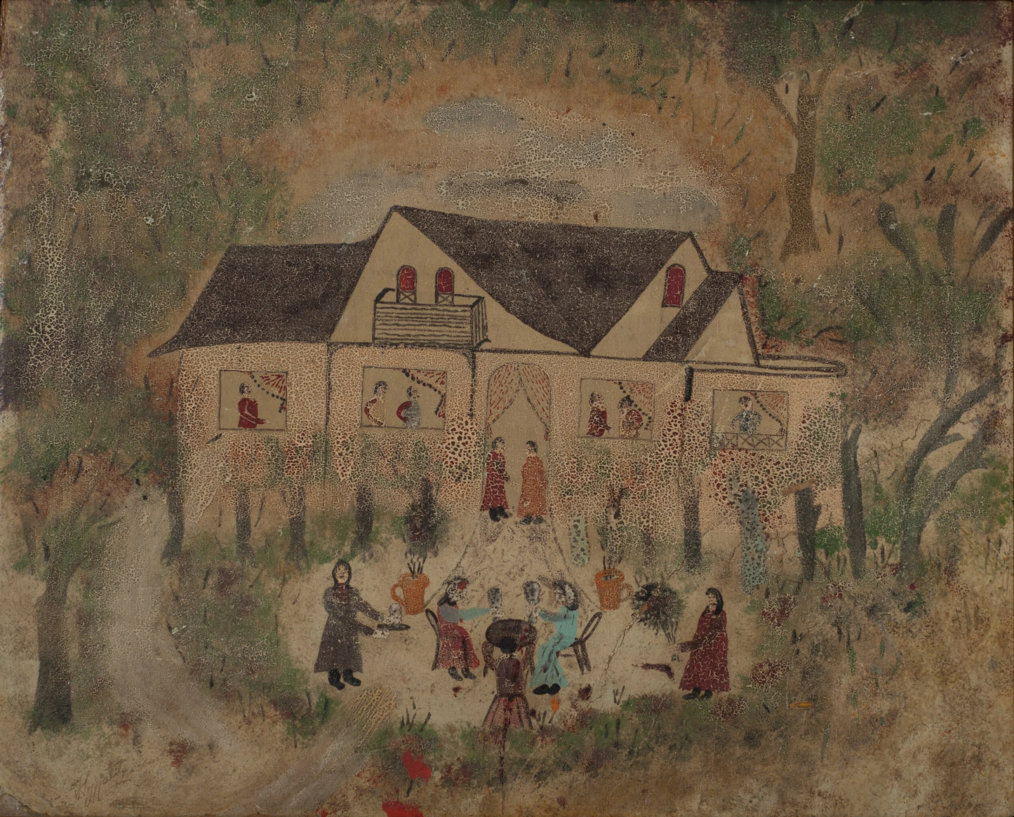 Hector Hyppolite Colonial House House Party c1947 oil on cardboard with figures gathered outside colonial home, dotted technique, Haitian art masterpiece