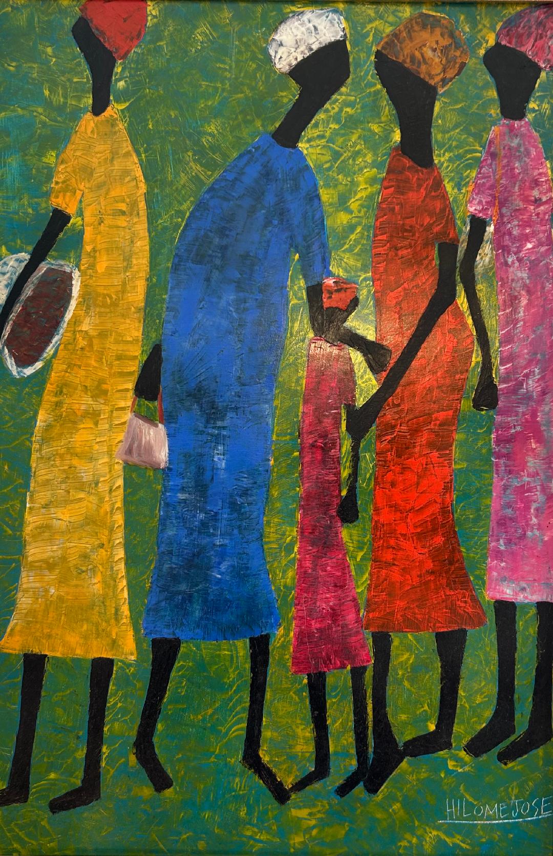 Hilome Joseph Jose tall figures Haitian acrylic painting on canvas 24x16 inches, signed lower right, unframed