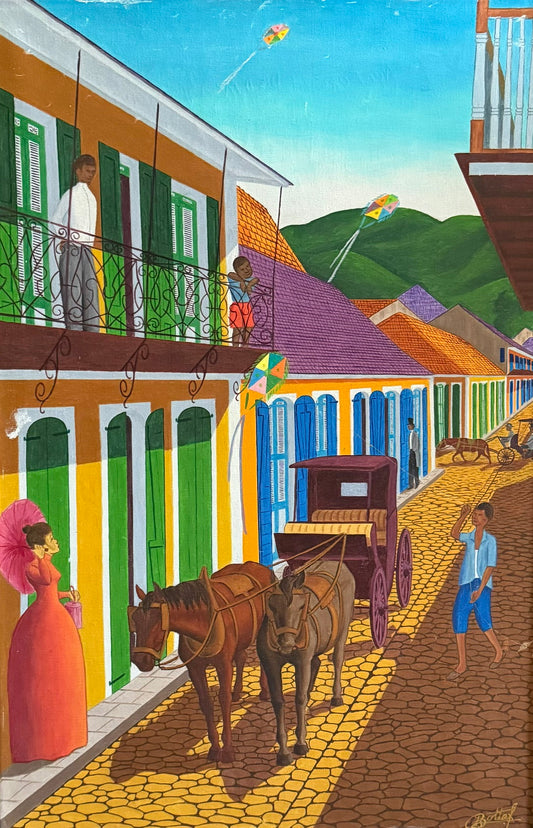 Jean-Baptiste Bottex Haitian painting of a Cap-Haitien street with a horse-drawn carriage, woman with pink parasol and kites