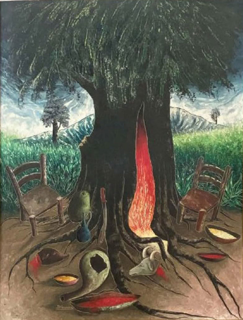 J. E. Gourgue Haitian Vodou painting with sacred tree ceremonial chairs and ritual offerings