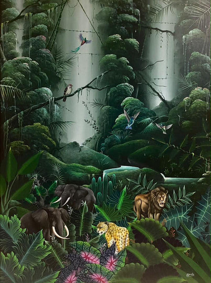 Jacques Geslin Rainforest Paradise oil on canvas painting with elephants, lion, and leopard in lush jungle