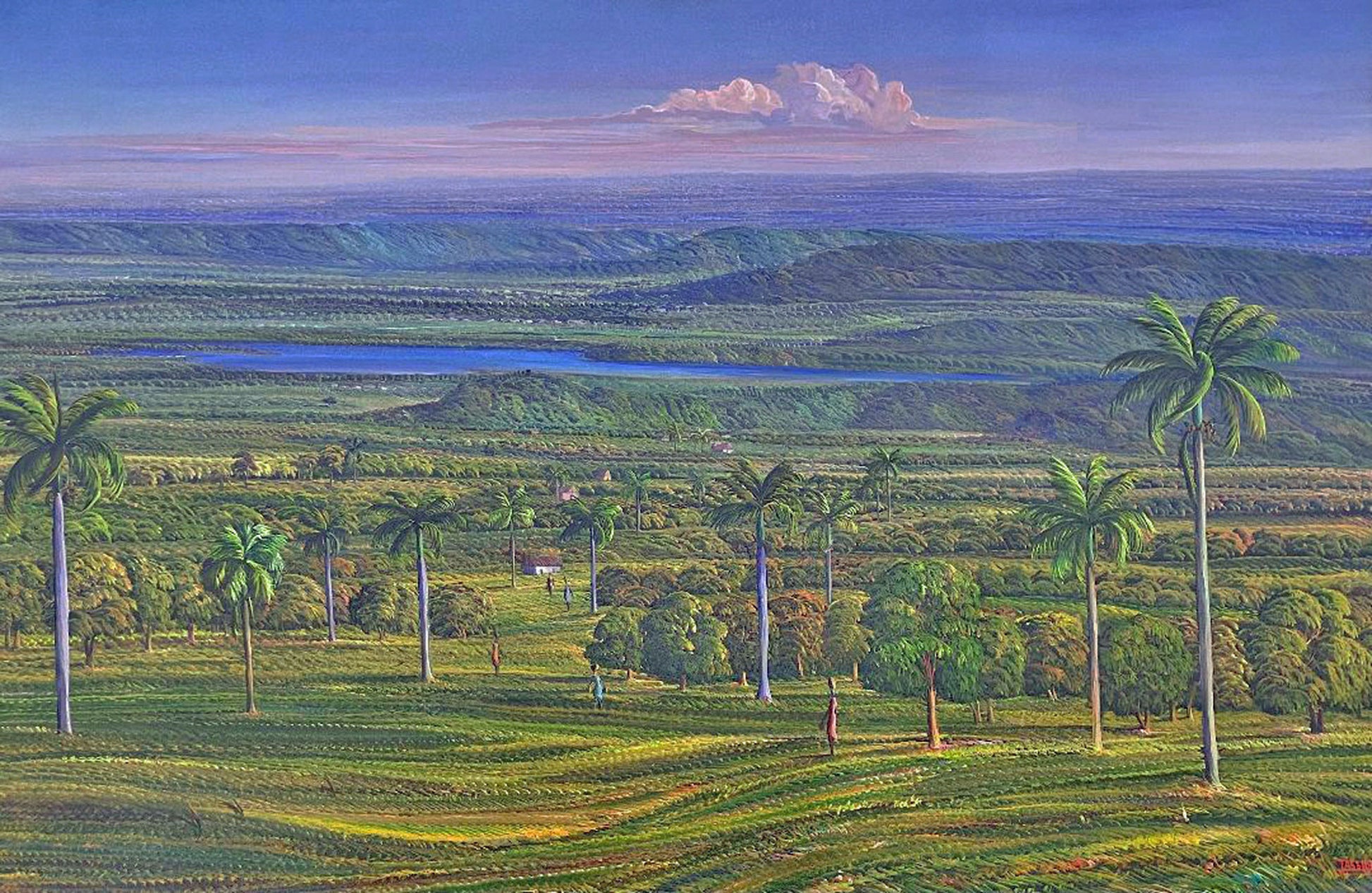 Jean Adrien Seide Valley with Mountains Lake and Coconut Trees Haitian landscape painting acrylic on canvas 40 x 60 inches unframed 2022