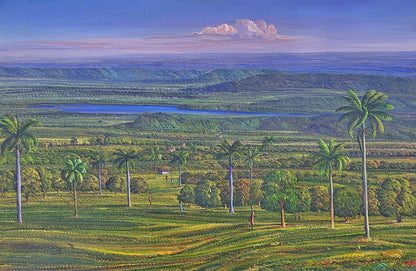 Jean Adrien Seide Valley with Mountains Lake and Coconut Trees Haitian landscape painting acrylic on canvas 40 x 60 inches unframed 2022