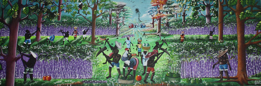 Colorful depiction of people working in a field with trees and animals.