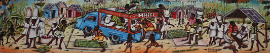 Artistic depiction of a busy street scene with people and vehicles, possibly in a tropical setting.