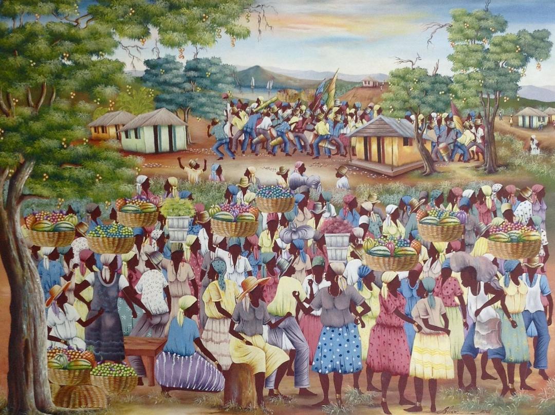 Jean-Claude Blanc 30"x40" Village Market & Festival Scene c. 2000 Oil on Canvas Unframed Painting #1230GN-HA