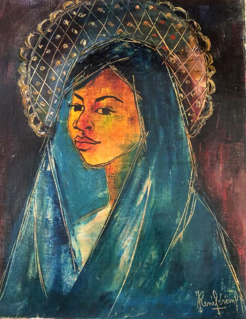 Jean-René Jérôme (1942-1991) 20"x16" Woman in Blue Veil c.1970 Acrylic on Canvas Unframed Painting #2YN