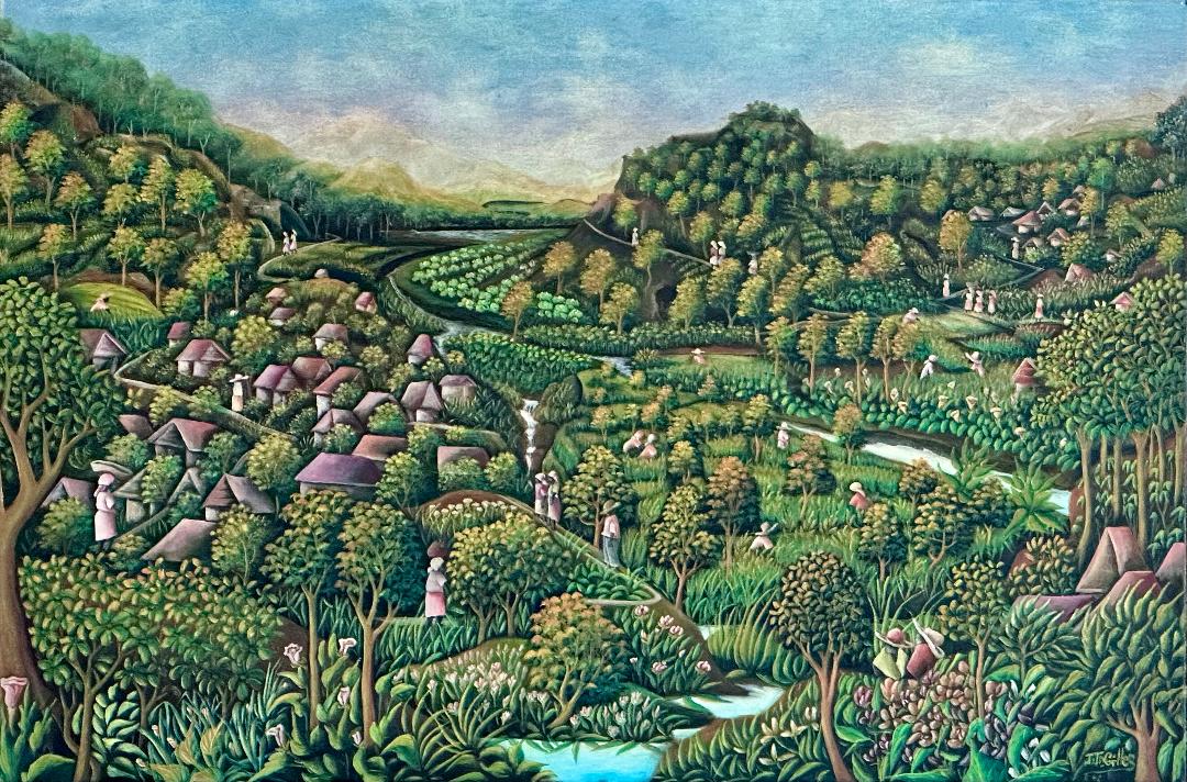 Joseph Jean-Gilles oil painting of a Haitian village among terraced hills with winding streams