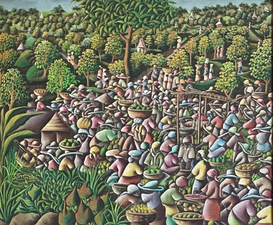 Joseph Jn-Gilles 20" x24" Market Day Crowd c1970 Oil on Canvas Unframed Painting #2GBC