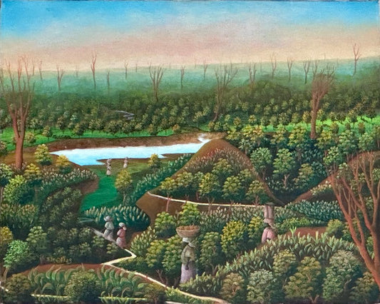 Joseph Jean-Gilles oil painting of a Haitian river valley landscape with farmers carrying harvest baskets
