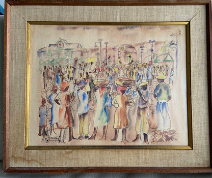 Antonio Joseph (1921-2016) 14"x18" Escena de mercado ocupado c1945-46 Acuarela sobre papel #1GSN-MIA