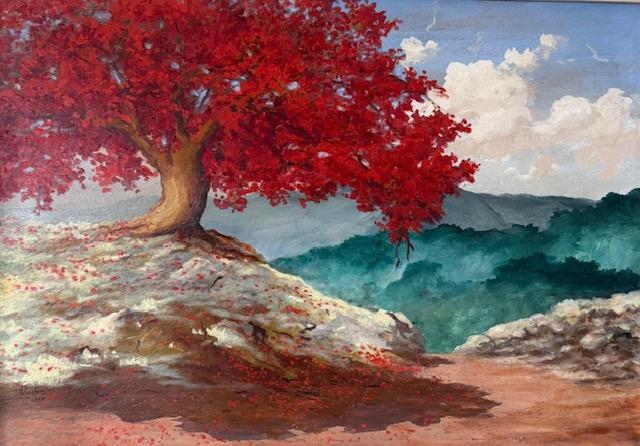 Juan Plutarco Andujar Royal Poinciana Tree Dominican landscape acrylic painting circa 1960 of a red tree on a rocky outcrop with a mountainous landscape in the background.