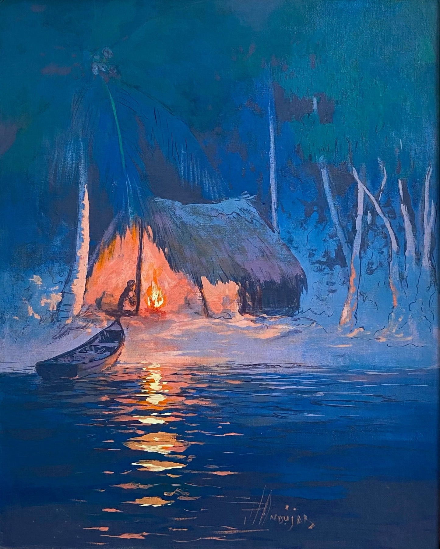 Juan Plutarco Andújar oil on canvas panel depicting a riverside hut illuminated by firelight with a canoe and reflective blue water in a tropical evening landscape.