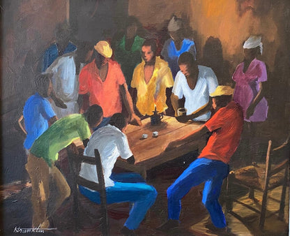 Kesnel Franklin 1979 oil on canvas depicting Haitian men gathered around table playing dice by lamplight, 20 x 24 inches, signed, unframed.