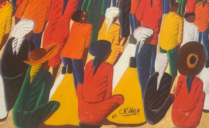 CASIMIR Laurent (1928-1990) 18"x40" Village Market Scene 1969 Oil on Board Scratched Unframed Painting #1CC
