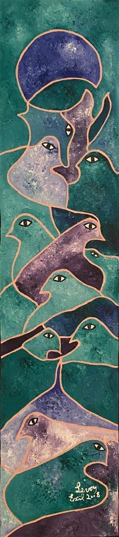 Decorative panel with stylized dolphins on a green background