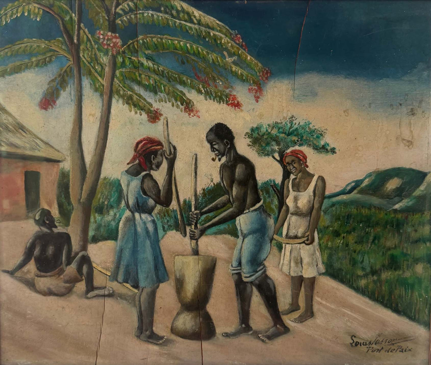 19th-century Haitian oil painting by Louis Vassor depicting rural labor figures pounding grain in Port-de-Paix, signed oil on board, early Haitian art