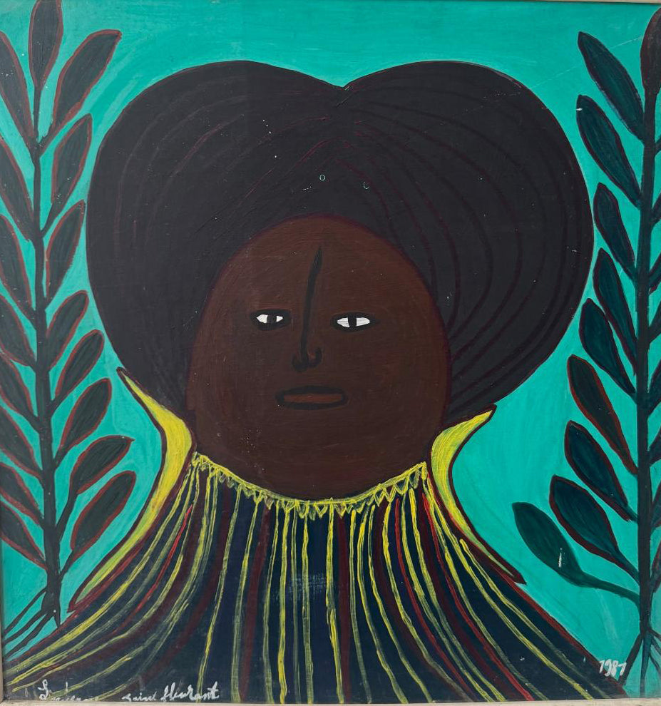 Louisane Saint Fleurant (Haitian, 1924-2005)  24"x24" Vodou Spirit Guardian (Lwa) 1987 Acrylic on Masonite Unframed Painting #1CZ
